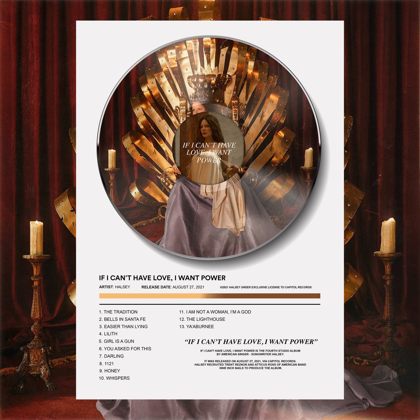 Halsey If I Can't Have Love, I Want Power Vinyl Poster - rsdesignstudio