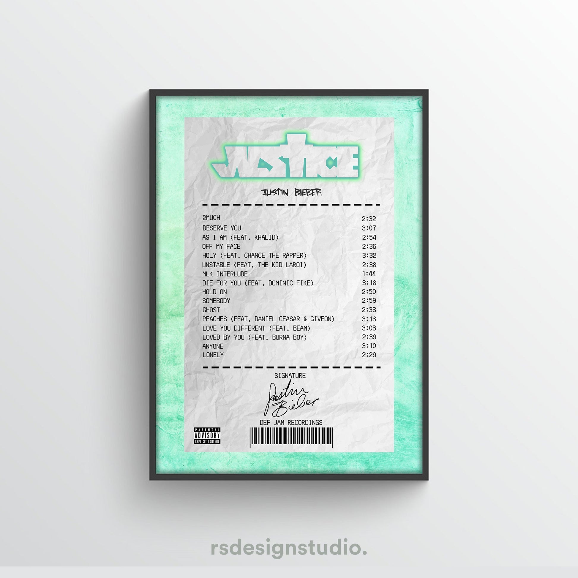 Justin Bieber Justice Receipt Poster - rsdesignstudio
