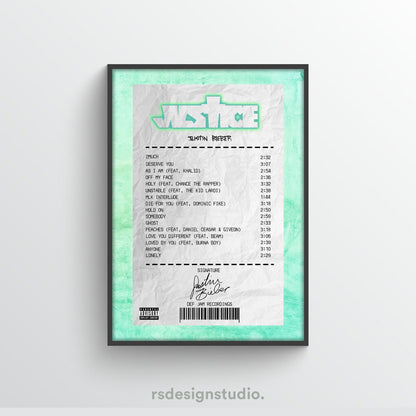 Justin Bieber Justice Receipt Poster - rsdesignstudio