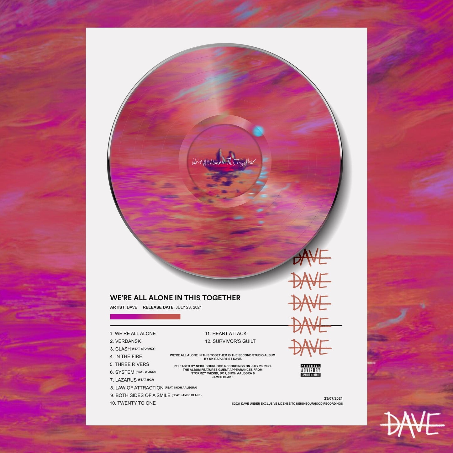 DAVE We're All Alone In This Together Vinyl Poster - rsdesignstudio